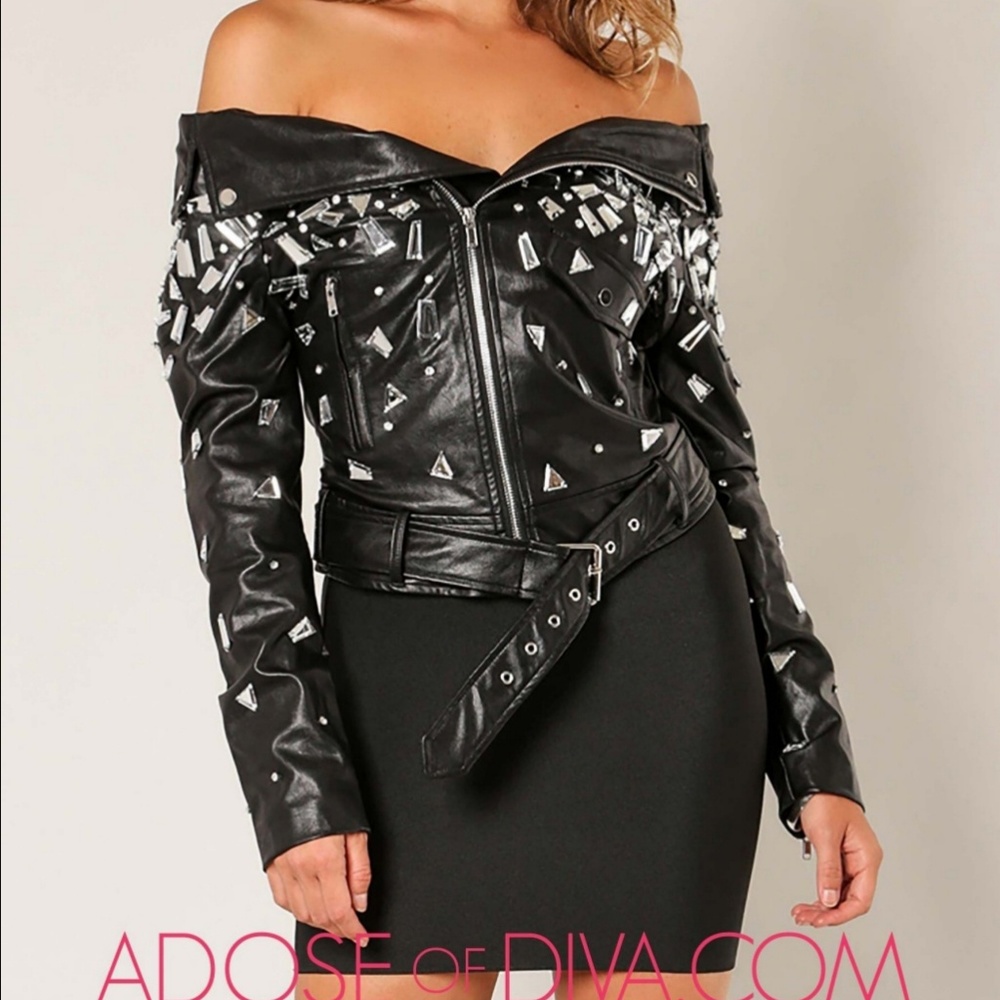 Raven Mirror Off-Shoulder Leather Jacket